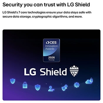 LG Shield, applied to LG QNED evo AI QNED85, is shown with an LG Shield logo at the center, security icons below, and a 2026 CES Innovation Awards Honoree badge above, representing data and system protection.